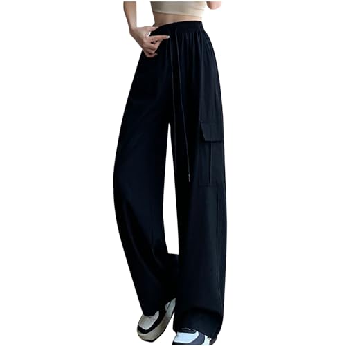 Womens High-Waisted Wide-Leg Cargo Sweatpants with Quick-Dry Stretch Fabric, Drawstring Waist and Baggy Y2K Streetwear Style