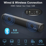 TV Soundbar with Built-In Subwoofers, Bluetooth 5.0, HDMI-ARC, Optical, AUX, Coaxial and USB Connectivity, Wired or Wireless Surround Sound with Remote