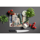 Large Great Pyrenees Cozy Christmas Glass Cutting Board, 12 in x 15 in