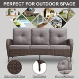 3-Piece Outdoor Patio Furniture Set with Two Swivel Rocker Chairs and Rattan Side Table, Wicker Glider Seating for Deck, Porch or Poolside, Brown and Blue