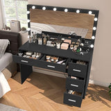 Makeup Vanity Desk with Mirror, 10 Lights, 5 Drawers and 3 Storage Shelves, Dressing Table with 3 Color Modes and Adjustable Brightness, 35.4-Inch, Black