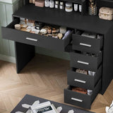 Makeup Vanity Desk with Mirror, 10 Lights, 5 Drawers and 3 Storage Shelves, Dressing Table with 3 Color Modes and Adjustable Brightness, 35.4-Inch, Black