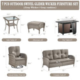 3-Piece Outdoor Patio Furniture Set with Two Swivel Rocker Chairs and Rattan Side Table, Wicker Glider Seating for Deck, Porch or Poolside, Brown and Blue