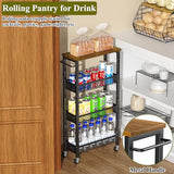 4-Tier Slim Rolling Storage Cart with Wood Top and Metal Frame, Narrow Mobile Organizer with Handle for Kitchen, Laundry Room, Bathroom or Other Tight Spaces