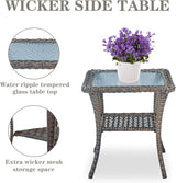 3-Piece Outdoor Patio Furniture Set with Two Swivel Rocker Chairs and Rattan Side Table, Wicker Glider Seating for Deck, Porch or Poolside, Brown and Blue