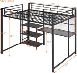 Full-Size Metal Loft Bed with Desk, Whiteboard, 3-Layer Shelves, Built-In Ladder and Storage, Heavy-Duty Black Frame for Kids, Teens, Bedrooms and Dorms