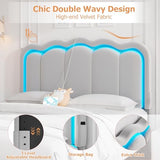 Twin Velvet Platform Bed with Adjustable Wavy Headboard, LED Lighting and Storage Drawer, Beige Upholstered Kids Bed with Solid Wood Slats, No Box Spring Required