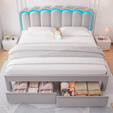 Twin Velvet Platform Bed with Adjustable Wavy Headboard, LED Lighting and Storage Drawer, Beige Upholstered Kids Bed with Solid Wood Slats, No Box Spring Required