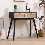 31′′ Rattan Console Table with Farmhouse Wood Design, Narrow Entryway Sofa Table for Hallway, Foyer or Office, Also Styled as a Vanity Desk or Dresser, Black