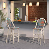 PURPLE LEAF Set of 2 French Bistro Bar Stools, 25-Inch Counter Height with Rattan Backrests, White Print Finish for Kitchen or Patio