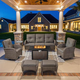 3-Piece Outdoor Patio Furniture Set with Two Swivel Rocker Chairs and Rattan Side Table, Wicker Glider Seating for Deck, Porch or Poolside, Brown and Blue