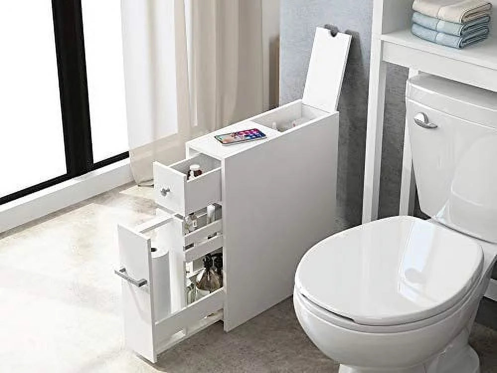 Spirich Home Slim White Bathroom Storage Cabinet with Slide-Out Drawer and Freestanding Toilet Paper Holder
