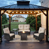 3-Piece Outdoor Patio Furniture Set with Two Swivel Rocker Chairs and Rattan Side Table, Wicker Glider Seating for Deck, Porch or Poolside, Brown and Blue