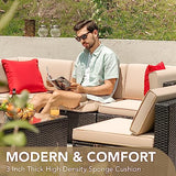 Devoko 6-Piece Beige Patio Conversation Set with Handwoven Rattan Sofa, Sectional Seating, Cushions and Glass Table
