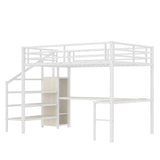 SOFTSEA Queen Size Metal Loft Bed with L-Shaped Desk, Wardrobe, USB Ports, Adjustable Shelf and LED Lighting, No Box Spring Needed, White Wood Grain