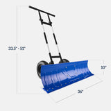 36in Galvanized Heavy-Duty Snow Pusher with 2 Wheels, Adjustable Handle & Blade Angle for Snow Removal, Black