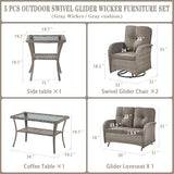 3-Piece Outdoor Patio Furniture Set with Two Swivel Rocker Chairs and Rattan Side Table, Wicker Glider Seating for Deck, Porch or Poolside, Brown and Blue