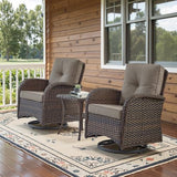 3-Piece Outdoor Patio Furniture Set with Two Swivel Rocker Chairs and Rattan Side Table, Wicker Glider Seating for Deck, Porch or Poolside, Brown and Blue