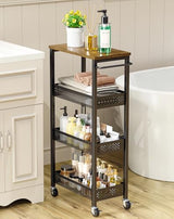 4-Tier Slim Rolling Storage Cart with Wood Top and Metal Frame, Narrow Mobile Organizer with Handle for Kitchen, Laundry Room, Bathroom or Other Tight Spaces