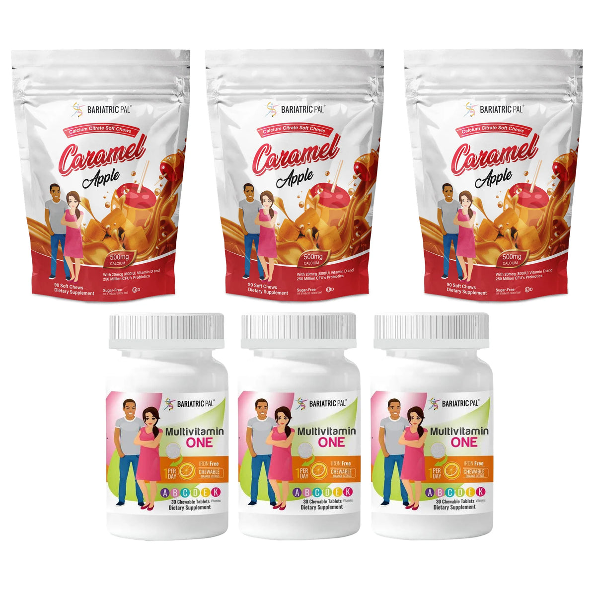 BariatricPal Duodenal Switch Vitamin Pack, 3-Month Supply with ONE Orange Citrus Iron-Free Chewable Multivitamin and Caramel Apple Calcium Citrate Soft Chews