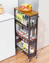 4-Tier Slim Rolling Storage Cart with Wood Top and Metal Frame, Narrow Mobile Organizer with Handle for Kitchen, Laundry Room, Bathroom or Other Tight Spaces