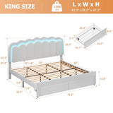 Twin Velvet Platform Bed with Adjustable Wavy Headboard, LED Lighting and Storage Drawer, Beige Upholstered Kids Bed with Solid Wood Slats, No Box Spring Required