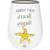 Beach Happy Starfish Stemless Wine Glass, 19 oz with 3-D Figurine