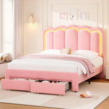 Twin Velvet Platform Bed with Adjustable Wavy Headboard, LED Lighting and Storage Drawer, Beige Upholstered Kids Bed with Solid Wood Slats, No Box Spring Required