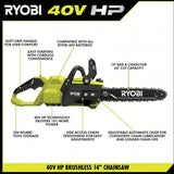 RYOBI RY405010BTL 40V HP Brushless Cordless Chainsaw with 14-Inch Bar, Battery and Charger Not Included