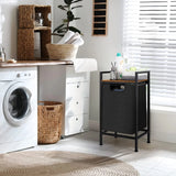 Black Laundry Hamper Basket with Removable Bag and Built-In Brown Wood Shelf