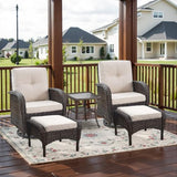 3-Piece Outdoor Patio Furniture Set with Two Swivel Rocker Chairs and Rattan Side Table, Wicker Glider Seating for Deck, Porch or Poolside, Brown and Blue
