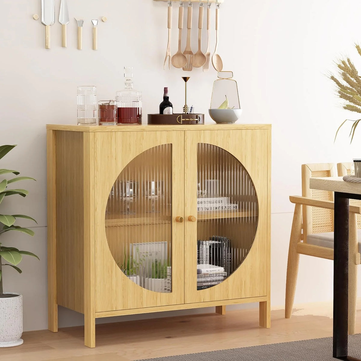 QCAI Sideboard Storage Cabinet with Glass Doors, 31.5×15.7×31.5 Inches, for Dining Room, Living Room, Hallway, or Entryway