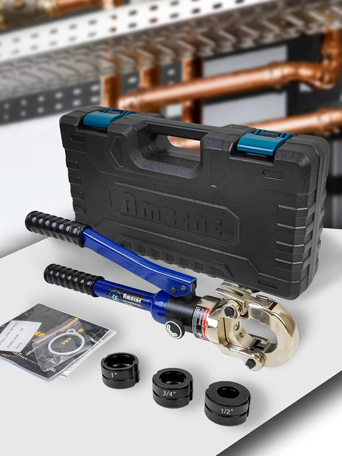 AMZCNC Hydraulic Copper Pipe Crimping Tool with 1/2, 3/4 and 1 Jaws, Tube Fittings ProPress Pressing Pliers