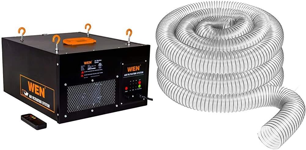 WEN 3410 Air Filtration System with 3-Speed Remote Control, 300/350/400 CFM, Plus FULTON 4 x 20 Ultra Flex Clear-Vue Heavy-Duty PVC Hose, Made in USA
