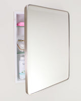 16×20 Austin Farmhouse Recessed Medicine Cabinet with Rounded Rectangle Metal Frame, Beveled Mirror & Glass Shelves, 14×18 in-Wall Opening, Powder-Coated Steel, Magnet Close, Brushed Nickel