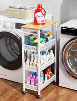 4-Tier Slim Rolling Storage Cart with Wood Top and Metal Frame, Narrow Mobile Organizer with Handle for Kitchen, Laundry Room, Bathroom or Other Tight Spaces