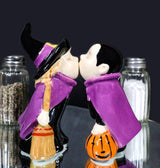 Ebros Gift Halloween Villains Ceramic Salt and Pepper Shakers, Vampire Dracula and Kissing Witch with Broomstick, Magnetic Set with Rubber Stoppers