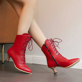 Womens Red Short Boots with Lace-Up Design, Solid Round-Toe Construction, Size 38
