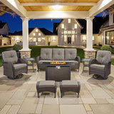 3-Piece Outdoor Patio Furniture Set with Two Swivel Rocker Chairs and Rattan Side Table, Wicker Glider Seating for Deck, Porch or Poolside, Brown and Blue