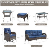 3-Piece Outdoor Patio Furniture Set with Two Swivel Rocker Chairs and Rattan Side Table, Wicker Glider Seating for Deck, Porch or Poolside, Brown and Blue