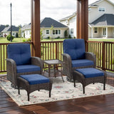 3-Piece Outdoor Patio Furniture Set with Two Swivel Rocker Chairs and Rattan Side Table, Wicker Glider Seating for Deck, Porch or Poolside, Brown and Blue
