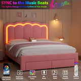 Twin Velvet Platform Bed with Adjustable Wavy Headboard, LED Lighting and Storage Drawer, Beige Upholstered Kids Bed with Solid Wood Slats, No Box Spring Required