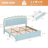 Twin Velvet Platform Bed with Adjustable Wavy Headboard, LED Lighting and Storage Drawer, Beige Upholstered Kids Bed with Solid Wood Slats, No Box Spring Required