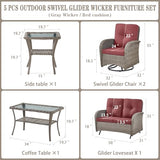 3-Piece Outdoor Patio Furniture Set with Two Swivel Rocker Chairs and Rattan Side Table, Wicker Glider Seating for Deck, Porch or Poolside, Brown and Blue