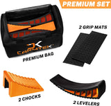 CARMTEK Premium Camper Leveler Kit with Curved RV Levelers, Wheel Chocks, Rubber Mats and Carry Bag