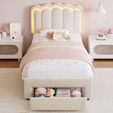 Twin Velvet Platform Bed with Adjustable Wavy Headboard, LED Lighting and Storage Drawer, Beige Upholstered Kids Bed with Solid Wood Slats, No Box Spring Required