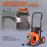 100FT x 1/2Inch Drain Cleaner Machine with Auto Feed Sewer Snake Auger, 4 Cutter, Air-Activated Foot Switch, for 1 to 4 Pipes, Orange and Black