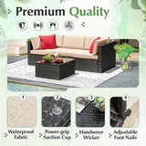 Devoko 6-Piece Beige Patio Conversation Set with Handwoven Rattan Sofa, Sectional Seating, Cushions and Glass Table
