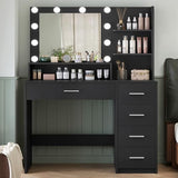 Makeup Vanity Desk with Mirror, 10 Lights, 5 Drawers and 3 Storage Shelves, Dressing Table with 3 Color Modes and Adjustable Brightness, 35.4-Inch, Black