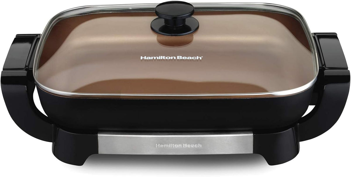 Hamilton Beach Durathon Ceramic Electric Skillet with Removable 12×15 Pan, Adjustable Temperature, Reversible Design, and Tempered Glass Lid, 38529K